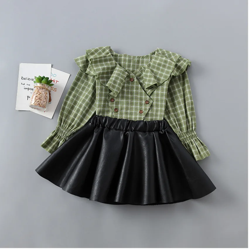 Новая весенне-осенняя модная клетчатая рубашка+ кожаная юбка детская одежда для девочек высококачественные комплекты одежды для девочек