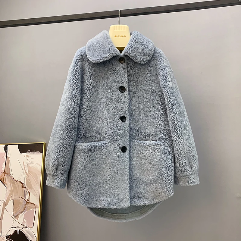 Light Blue New Arrivals Winter Women's Sheep Shearing Coat Jackets Female Real Fur Coat Grain Wool Coat Loose Oversized Streetwear - Цвет: Light Blue