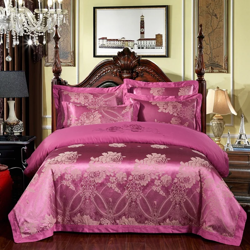 

FUNBAKY 4pcs/Set Satin Jacquard Silk Luxury Bedding Sets Duvet Cover Set Bed Linings Wedding Bedclothes Home Textile