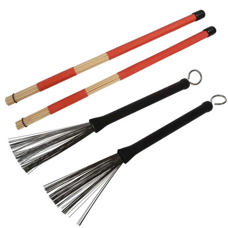 

ELOS-1 Pair 40CM Bamboo Rod Drum Brushes Sticks for Jazz Folk Music (Red) & 1 Pair Wire Retractable Loop End Drum Brushes for Ja