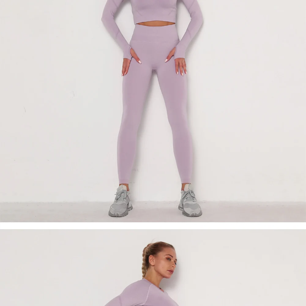 跨境欧美-无缝瑜伽服套装吸汗提臀-高腰健身裤女紧身长袖运动套装-阿里巴巴_12