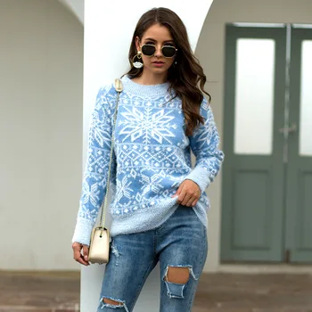 

2019 autumn and winter new ladies blouse Christmas warm thick sweater female snowflake pullover sweater multi-color optional