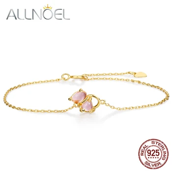 

ALLNOEL Solid 925 Sterling Silver Bracelet Women S925 100% Natural Rose Quartz Gemstone Lovely Cat Charm Animal Jewelry Style