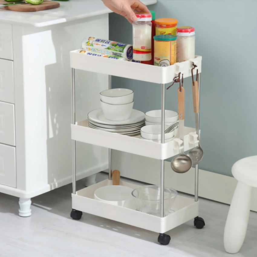 

Double-layer Kitchen Storage Rack Gap Shelf with Wheels Slim Slide Tower Movable Assemble Plastic Bathroom Shelf Space 3 layers