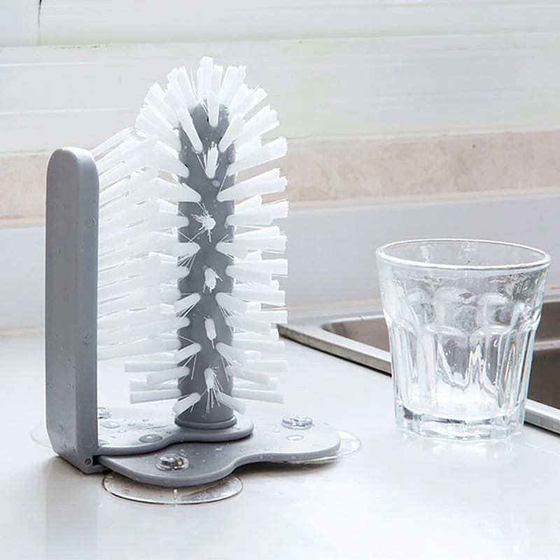 Sink Suction Cup Base Cleaning Bottle Glass Brush Kitchen Cleaning Wine Cup Cleaner Scrubber Double Brush Rotating