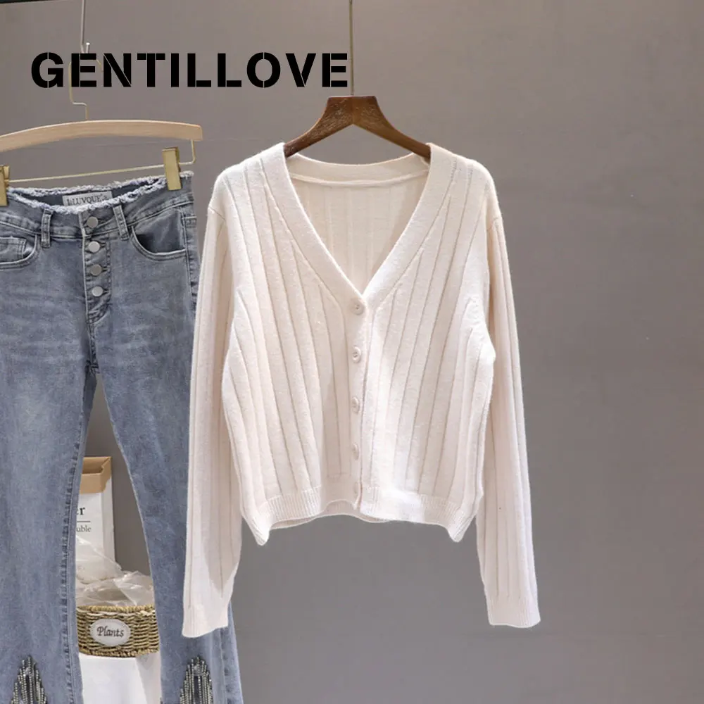 

Autumn Winter Knitted V Neck Women Sweater Cardigan Solid Color Long Sleeve Single Breasted Ribbed Crop Top Loose Casual Coat