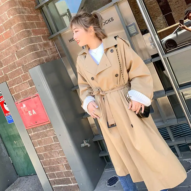 

2019 autumn new large size windbreaker female long section double-breasted bandwidth loose long coat 4XL Big Size Woman Clothing
