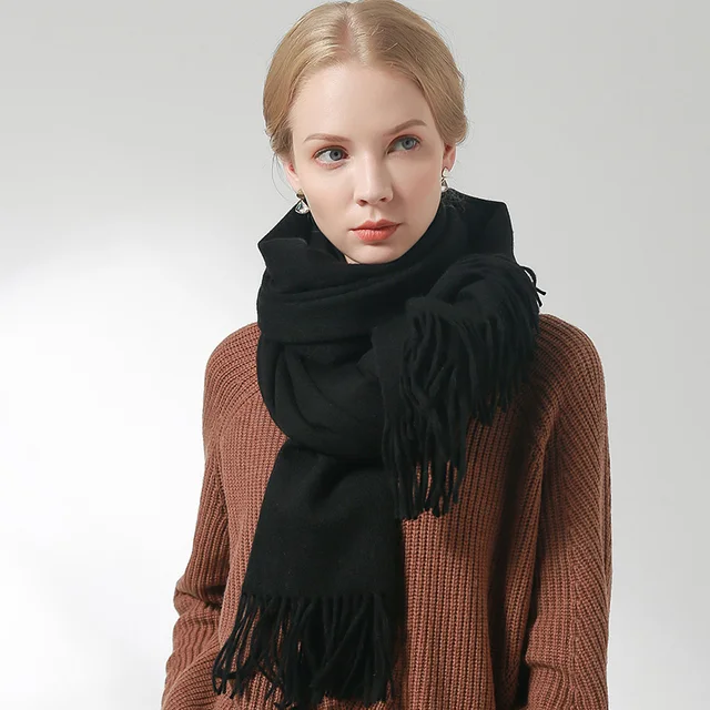 Russia 100% Pure Wool Scarf Women Thicken Warm Echarpe Wraps Ladies Foulard Femme Winter Solid Camel Merino Fine Wool Scarves Black