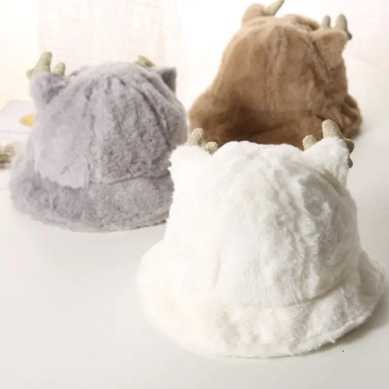 Осенние плюшевые шапки для маленьких мальчиков и девочек, Повседневные шапки с рогами, двусторонняя Солнцезащитная головная повязка