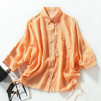 

100% Real Silk Women Shirt 2020 Summer Elegant Turn-down Collar Striped Blouse Natural Silk Loose Casual Female Tops Blouses