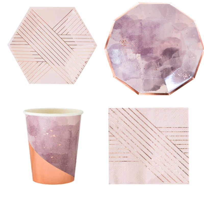 

Disposable tableware Party Rose Gold Paper Plates High grade Party Decor Striped Pink Cup Plate Napkin Birthday wedding Supplies