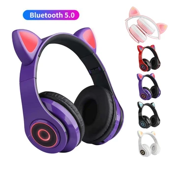 

Foldable Cute Cat LED Wireless Headphone With Mic Bluetooth 5.0 Earphone Kids Girls Music Helmet Support TF card Phone Gift