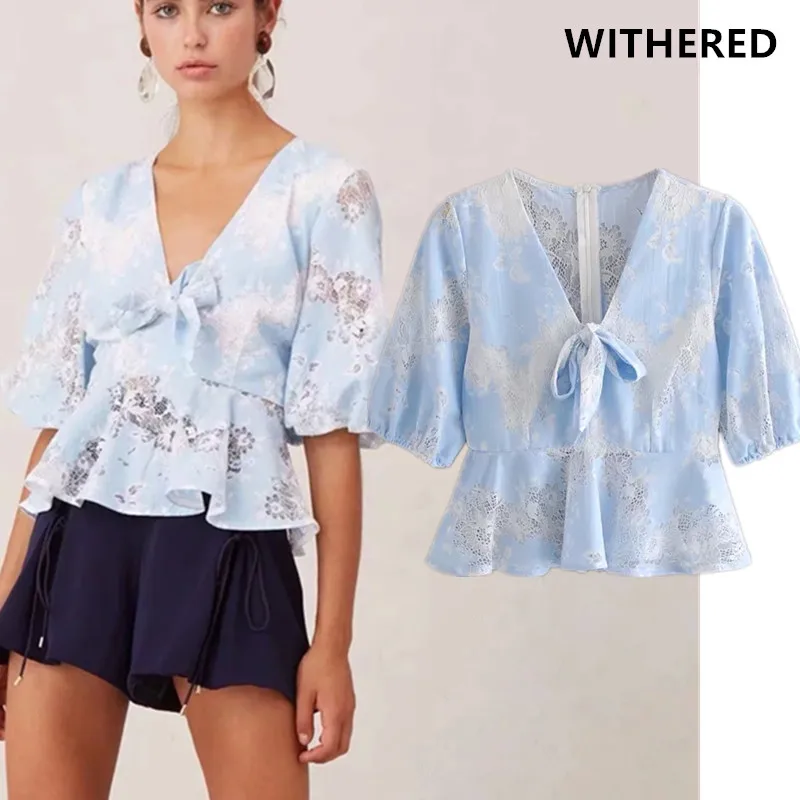 

Withered ins vintage lace hollow out v-neck short shirt blusas mujer de moda 2019 kimono blouse women womens tops and blouses