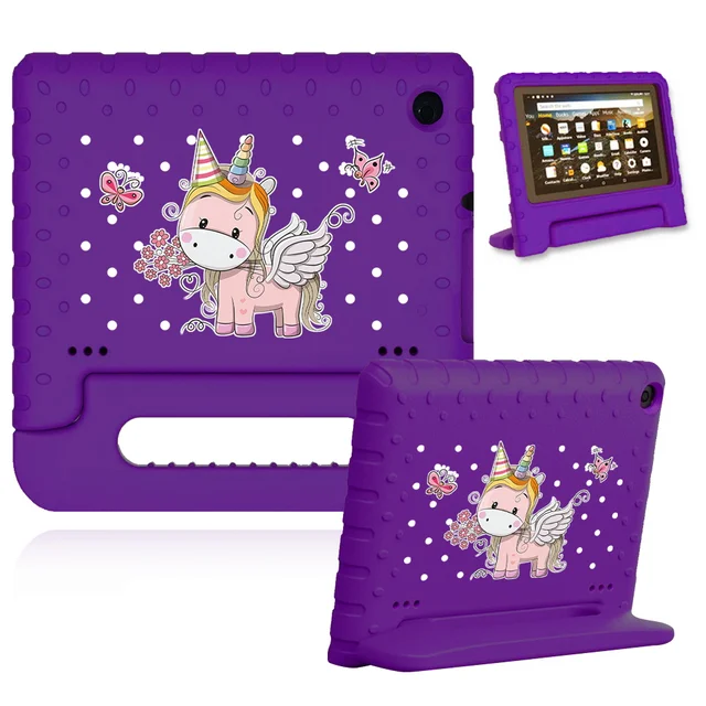 Cute Cartoon Kids Cover for Fire 7 (5th 7th 9th Gen)/HD 8 Tablet Handle Stand Funda Case for Fire HD 8 Plus (10th Gen 2020) 25.purple case-pink