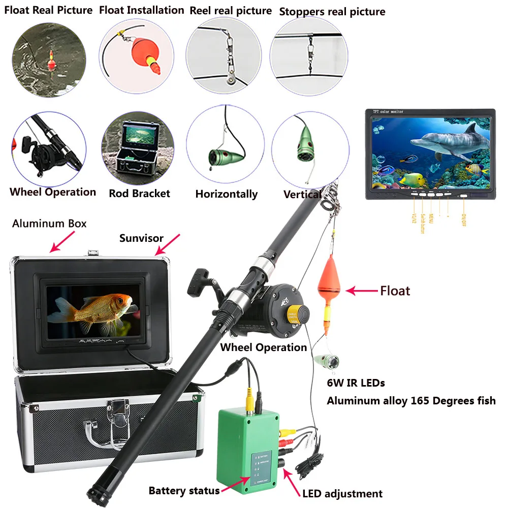 

Aluminum alloy Underwater Fishing Video Camera Kit 6W IR LED Lights with 7" Inch HD Color Monitor Sea wheel 15m/25M/30M