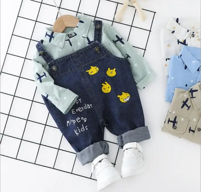 Spring suit for boys 2020 new baby boy cute cartoon shirt with long straps two pieces | Детская одежда и обувь