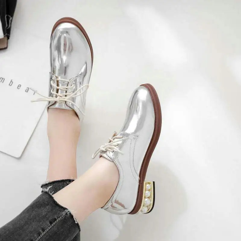 Gold Silver Women Shoes Vintage British Wind Round Head Lace-up Pearl Thick Heel Patent Leather Women's Single Shoes