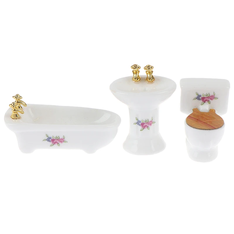 1Set(3pcs) 1/24 Dollhouse Miniature Bathroom Set Ceramic Bathtub Toilet for Dolls House Furniture Play Toy 3Styles