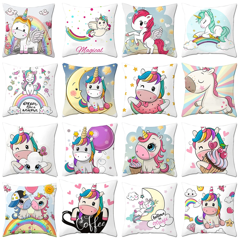 

Homesky Cartoon Cute Unicorn Cushions Covers Polyester Square Throw Pillow Covers Unicorn Decorative Pillow Case 18x18 Inch