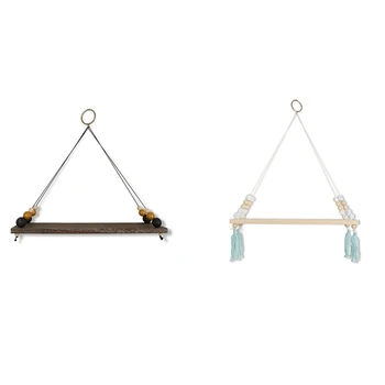 

2 Pcs Floating Shelves with String,Nordic Beads Board Wall Hanging Storage Shelf- S & L