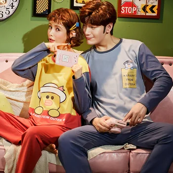 

Summer long-sleeved 100% cotton pajamas suit men’s couple pajamas suit pajama tops and pants couple pajamas suit women