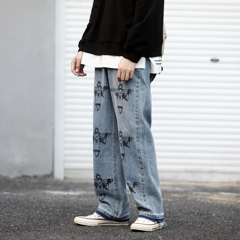 

2019 summer new Cotton jeans Korean version of loose wide leg pants straight thin mens hip hop Japan Style Cartoon Blue