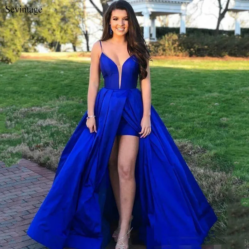 

Sevintage Sexy Royal Blue Slit Front Long Prom Dresses Spaghetti Straps Backless Satin Evening Gowns African Robe De Soiree