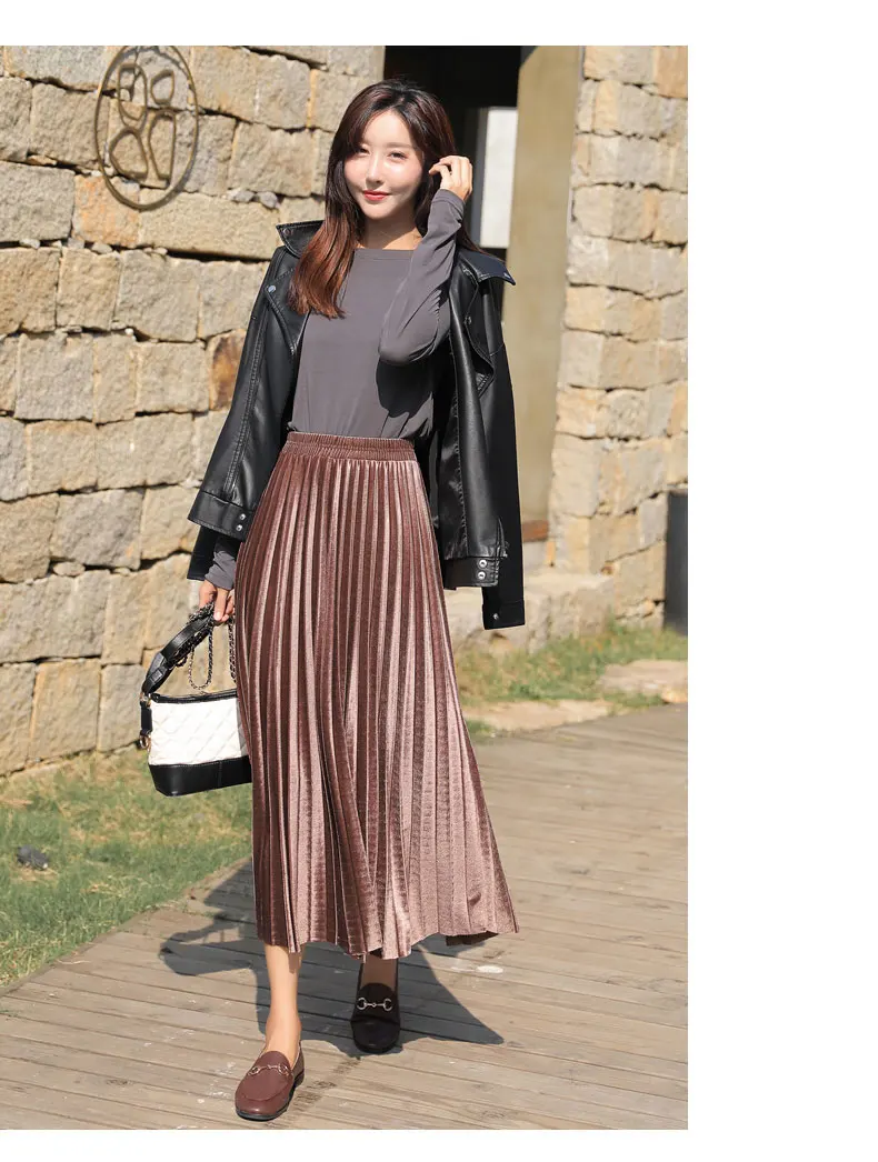 Популярная женская юбка, женские модные юбки, Золотая Бархатная повседневная юбка большого размера плюс, бархатная плиссированная юбка, Женская юбка