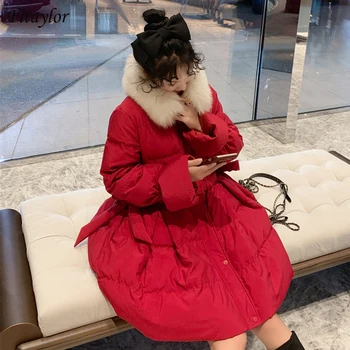

Fitaylor 2020 New Winter Women Thick Warm Natural Fur Collar 90% White Duck Down Parkas Loose Female Long Snow Down Coat Outwear