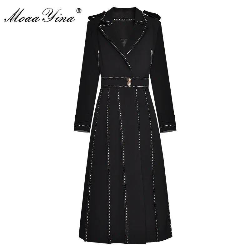 

MoaaYina Fashion Designer Long Windbreaker Long sleeve Rivet Black Runway Windbreaker Coat