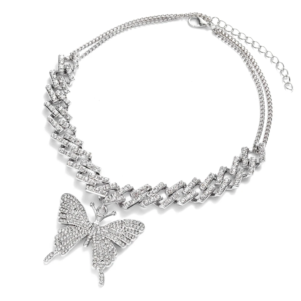 Big Butterfly Necklace For Women Cuban Link Chain Rhinestone