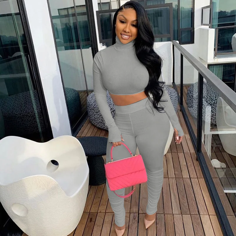 2022 Solid Ribbed Two Piece Sets Women Turtleneck Long Sleeve Crop Tops+Stretchy Stacked Pants Matching Set Casual Outfits Hot