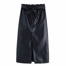 Модная женская черная юбка миди с поясом и эластичной резинкой на талии из искусственной кожи, осень, женские прямые юбки для отдыха P1508