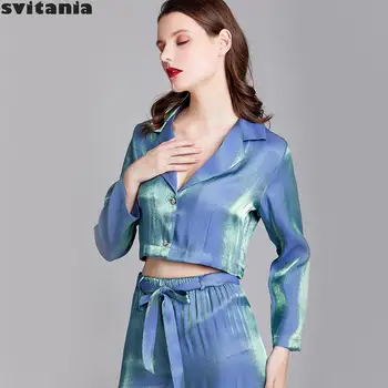 

Svitania Spring And Summer Pajama Women's New Golden Cotton Long Sleeved Trousers Household Suit set