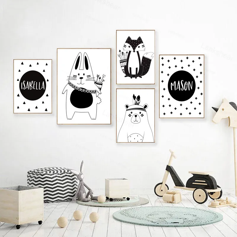 

Black White Cartoon Bear Rabbit Baby Nursery Wall Art Canvas Poster Custom Name Print Painting Nordic Picture Kid Room Decor