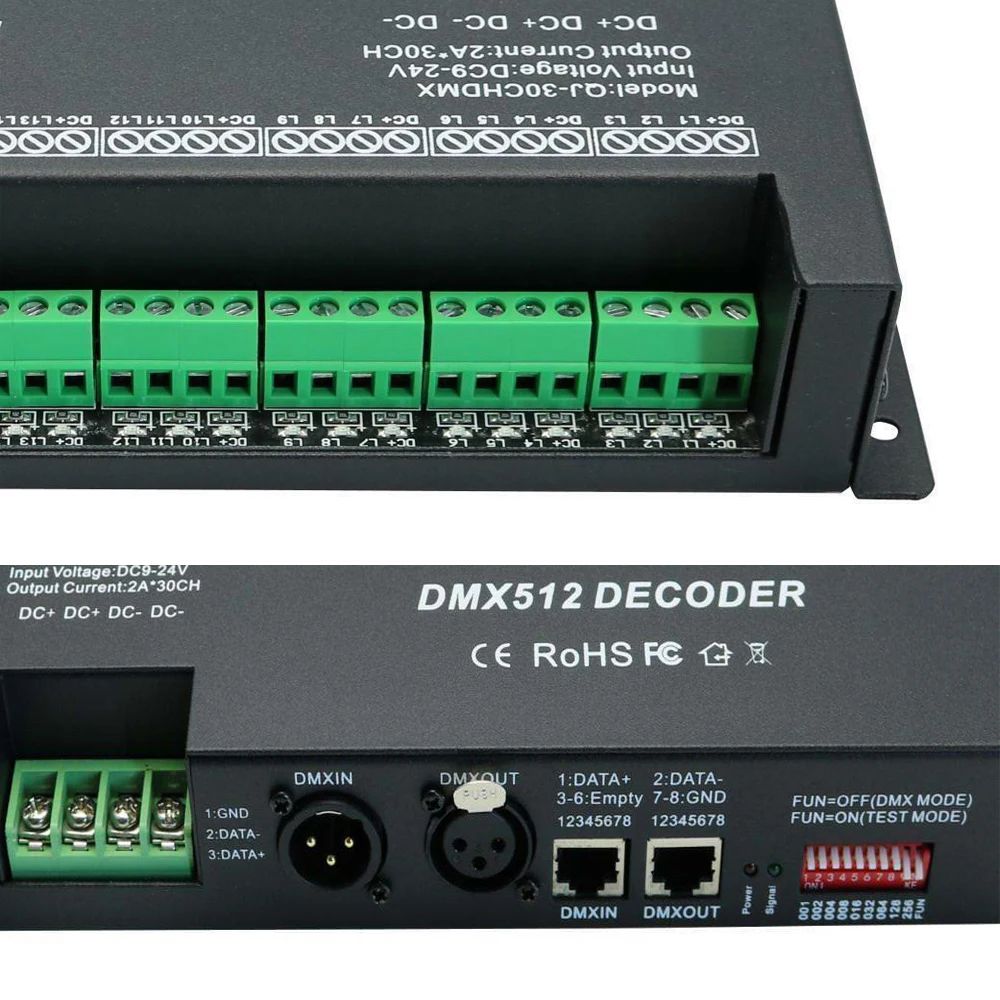 30CH RGB DMX 512 декодер светодиодный контроллер, RGB светодиодный DMX512 декодер 30 каналов x 2A для светодиодных лент светильник DC9-24V 60A dmx диммер