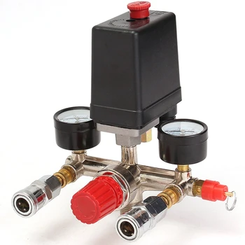 

Air Compressor Pressure Valve Switch Manifold Relief Regulator Gauges 90~120 Psi 240V 17X15.5X19Cm