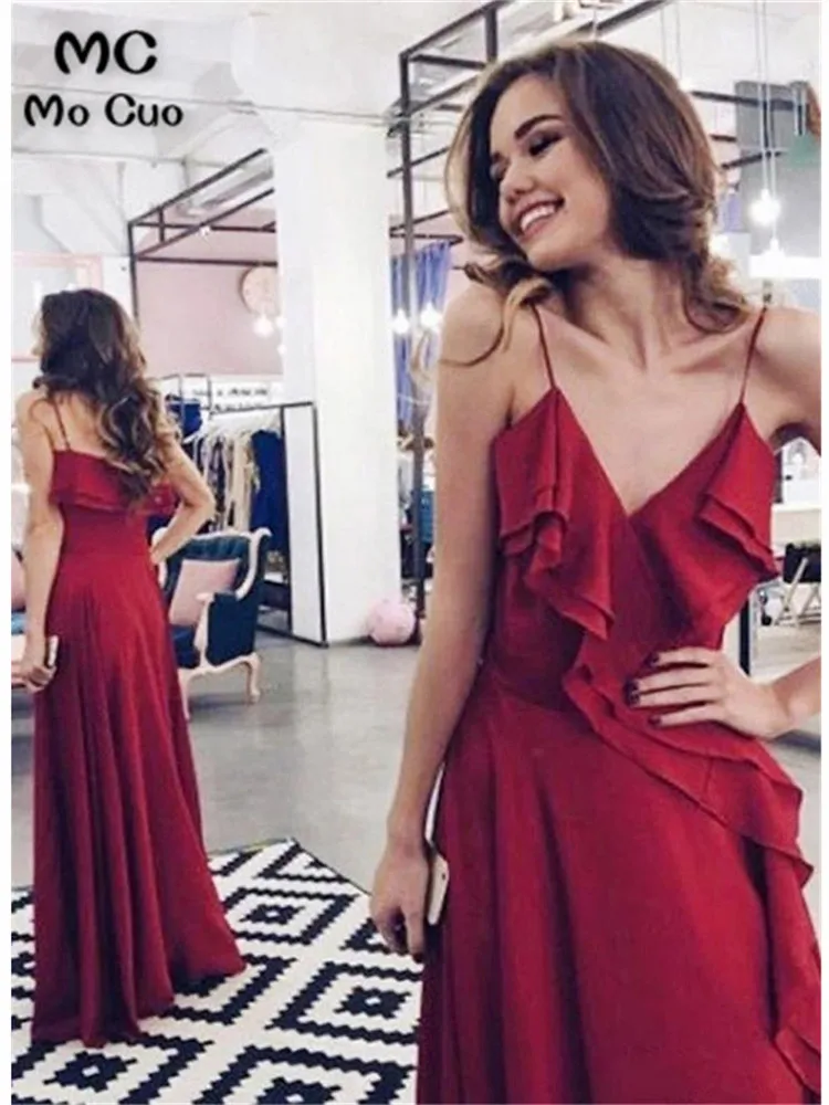 wine red Вечерние платья винного цвета с длинными бретельками и v-образным вырезом, оборки, складки, женское вечернее платье из шифона, платье для выпускного вечера на заказ - Цвет: wine red
