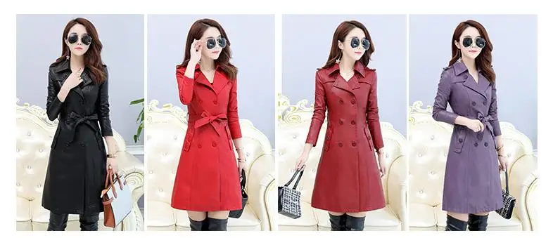 Женский Длинный кожаный тренч черного и красного цвета, женские весенне-осенние куртки из искусственной кожи для женщин, большие размеры, пальто из искусственной кожи, 4XL 5XL