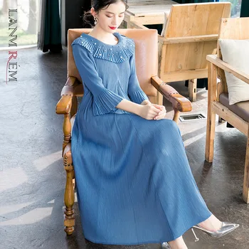 

LANMREM French style high quality design pleated Dresses for women 2020 spring new beading round collar long dress women YJ123