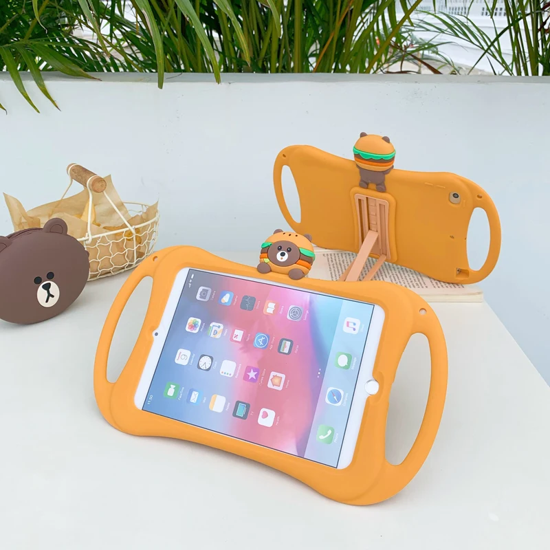 

Burger Bear Tablet Protection Case For iPad Pro 11" 10.5" 9.7" Air 123 2017 2018 2019 Mini 12345 Silicone Cartoon Handle Bracket
