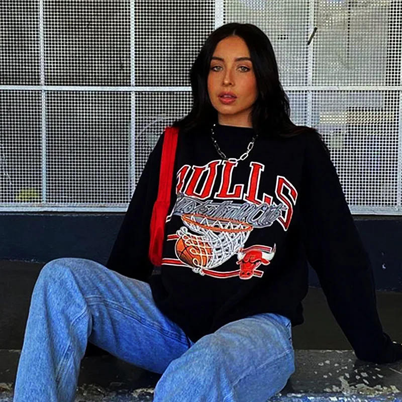 American Loose Vintage Black Street Style Cool Sweatshirts Crewneck Autumn Thick Warm Pullover Long Sleeve Y2K Fashion Jumper | Женская