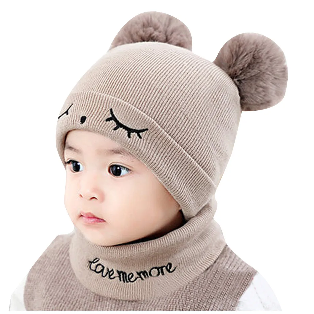 Cute Eyelash Caps For Newborn Kids Baby Boy Girl Pom Hat Winter Warm Knit Bobble Beanie Cap Scarf Set Drop Shipping - Цвет: Khaki