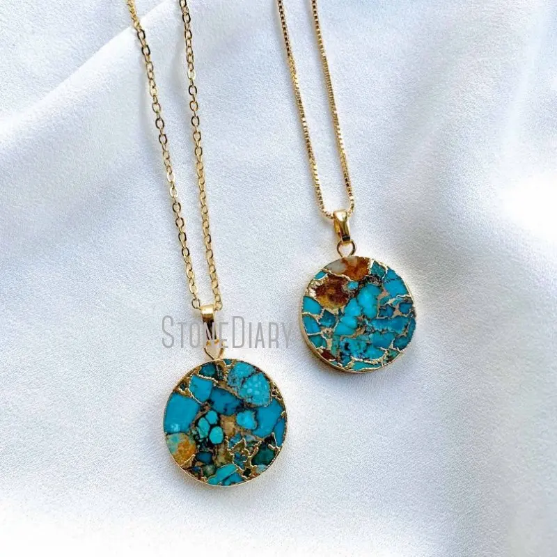 

NM36556 необработанный бирюзовый драгоценный камень, подвеска в форме монеты, позолоченная цепочка, ожерелье, Минималистичная бижутерия, подарок для нее