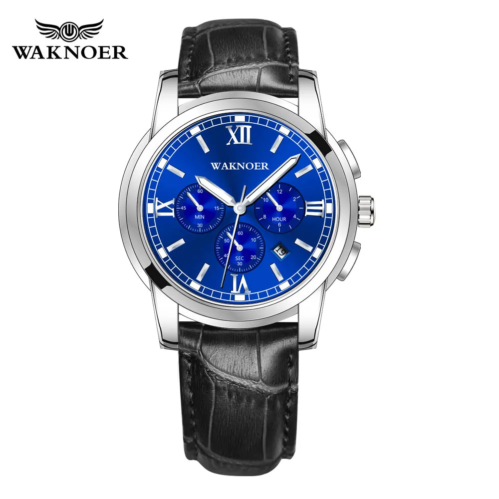 blue leather WAKNOER роскошные часы для мужчин Лидирующий бренд бизнес часы из нержавеющей стали Многофункциональные Авто Дата Водонепроницаемый светящийся хронограф Reloj - Цвет: blue leather