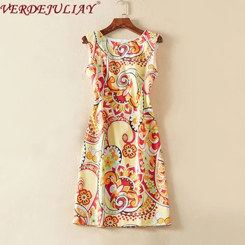 

VERDEJULIAY 100% Cotton Runway Designer Dresses 2020 Spring Summer Sleeveless Multi Flower Print Mini Pencil Dress For Women