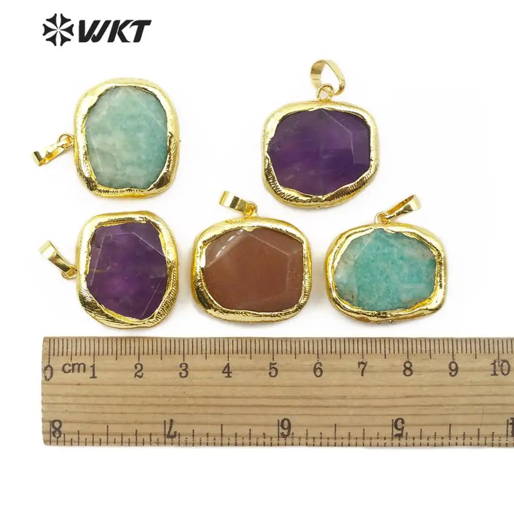 WT-P1468, натуральный Амазонит, камень, кулон, фиолетовый, коричневый, голубой, четырехсторонний, золотой кулон, женская мода, ювелирные изделия