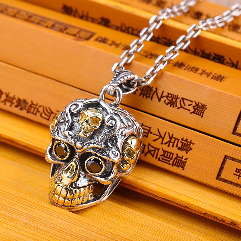 

products manufacturer direct sales Sterling Silver Thai silver necklace S925 pure silver jewelry personality men's Skull Pendant