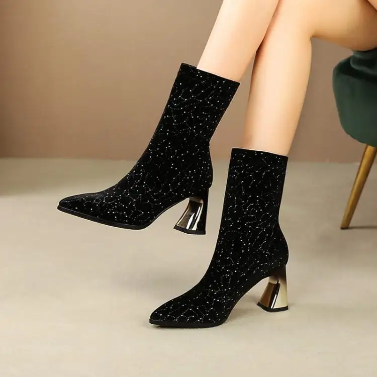 

Spring and autumn high heel boots tip naked boots elastic boots star sky special heel elastic cloth 7.2cm