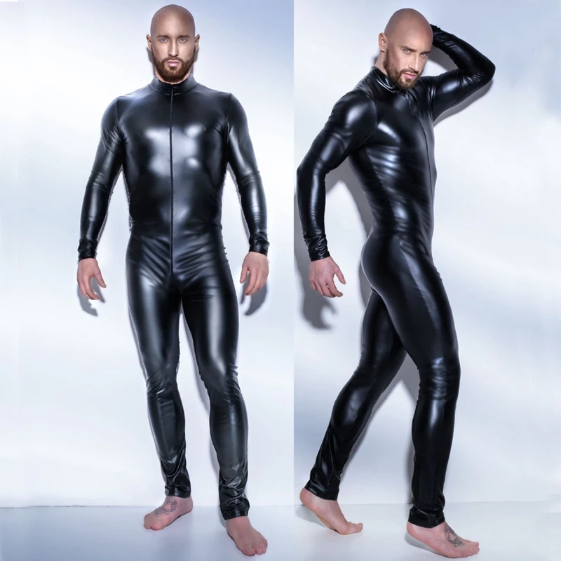 

Men Sexy Wetlook Faux Leather Latex Catsuit Bodysuit Hot Erotic Lingerie zentai gay fetish Wear pvc costume Open Crotch Clubwear